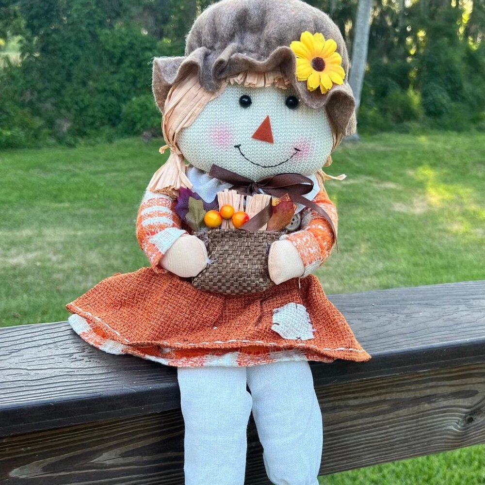 Plaid Apron Girl Scarecrow Shelf Sitter Fall Decor Thanksgiving Decoration Gift
